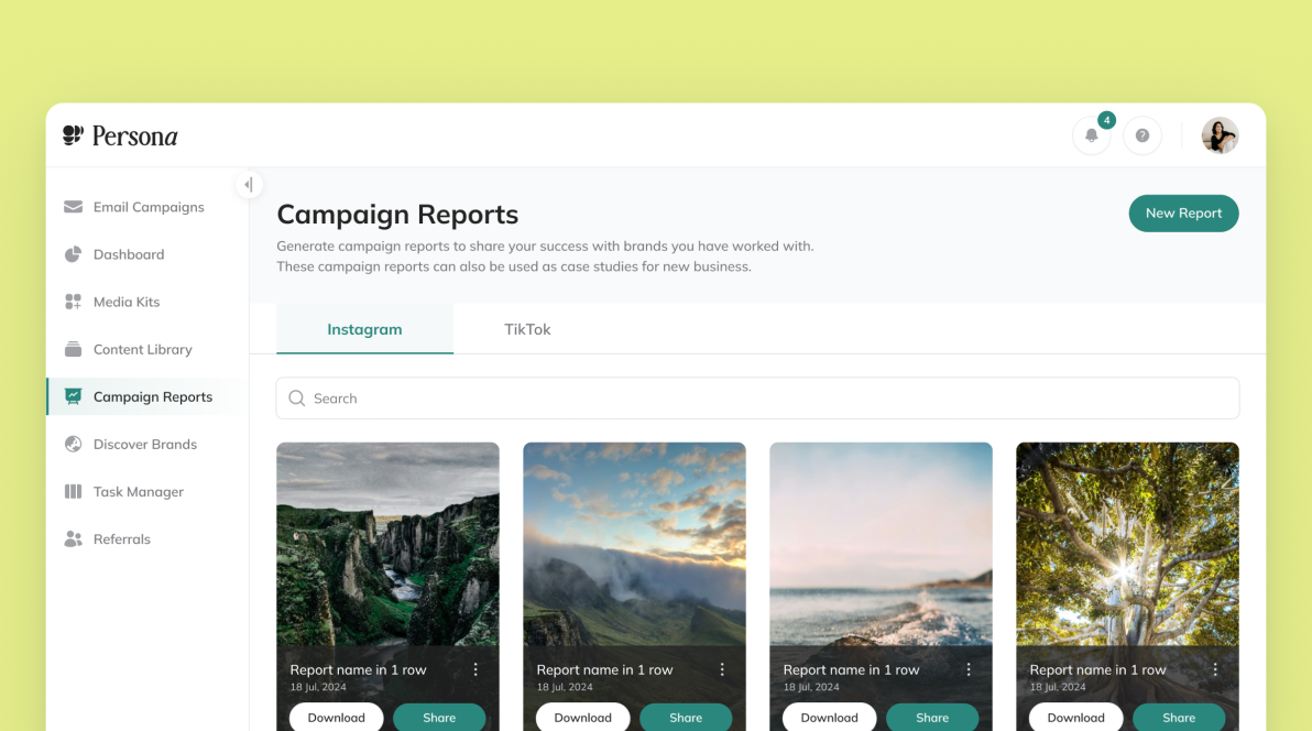 Dashboard screen showing campaign reports on Instagram with landscape images and options to download or share.