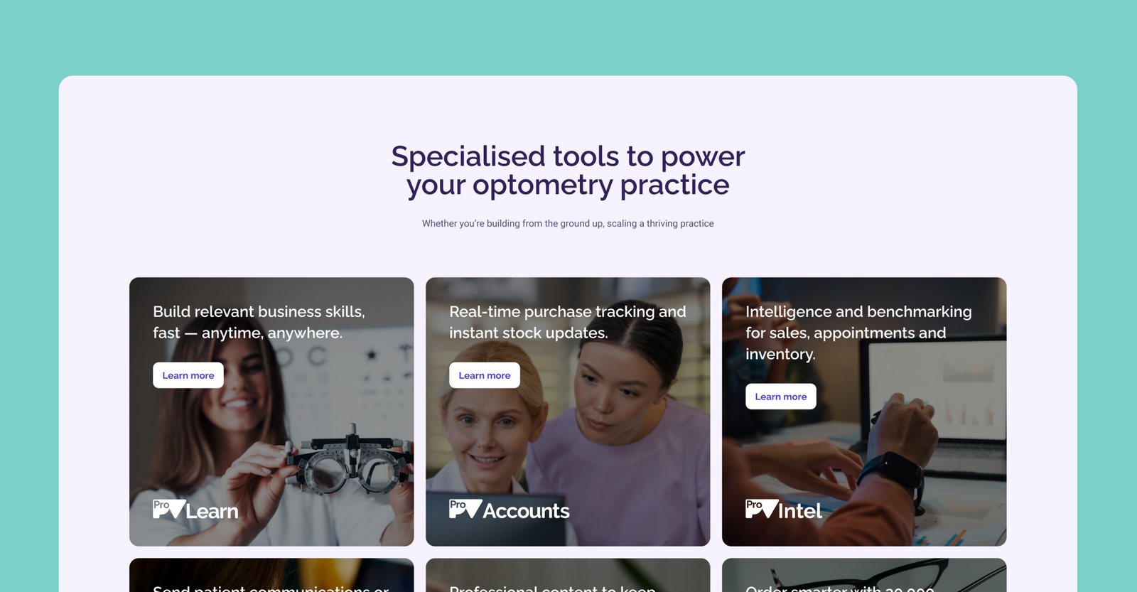 Website section showing tools for optometry: Learn, Accounts, and Intel with images of people and equipment.